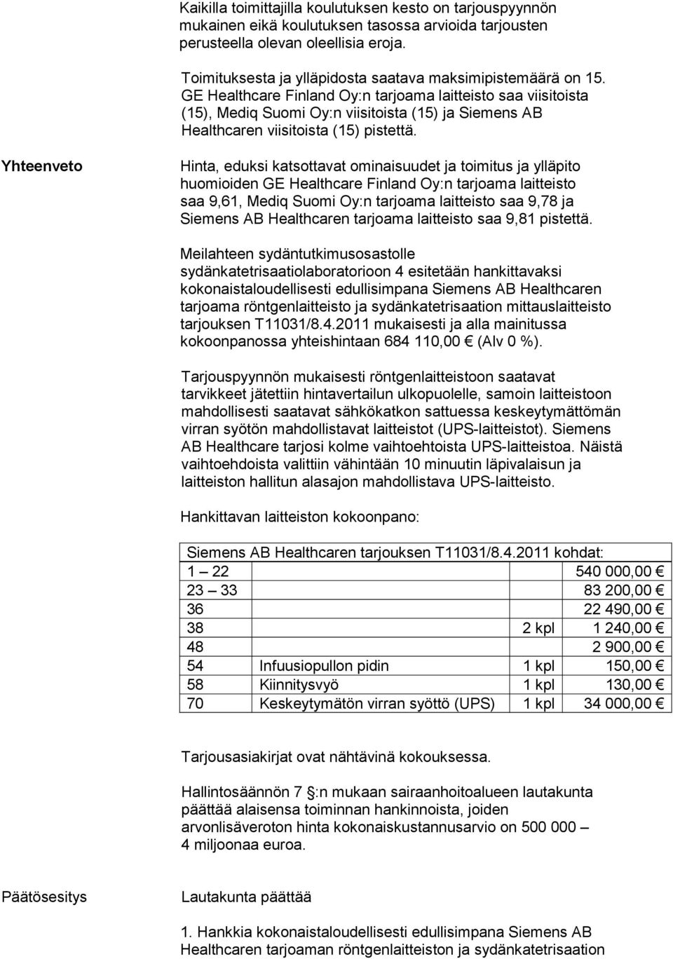 GE Healthcare Finland Oy:n tarjoama laitteisto saa viisitoista (15), Mediq Suomi Oy:n viisitoista (15) ja Siemens AB Healthcaren viisitoista (15) pistettä.