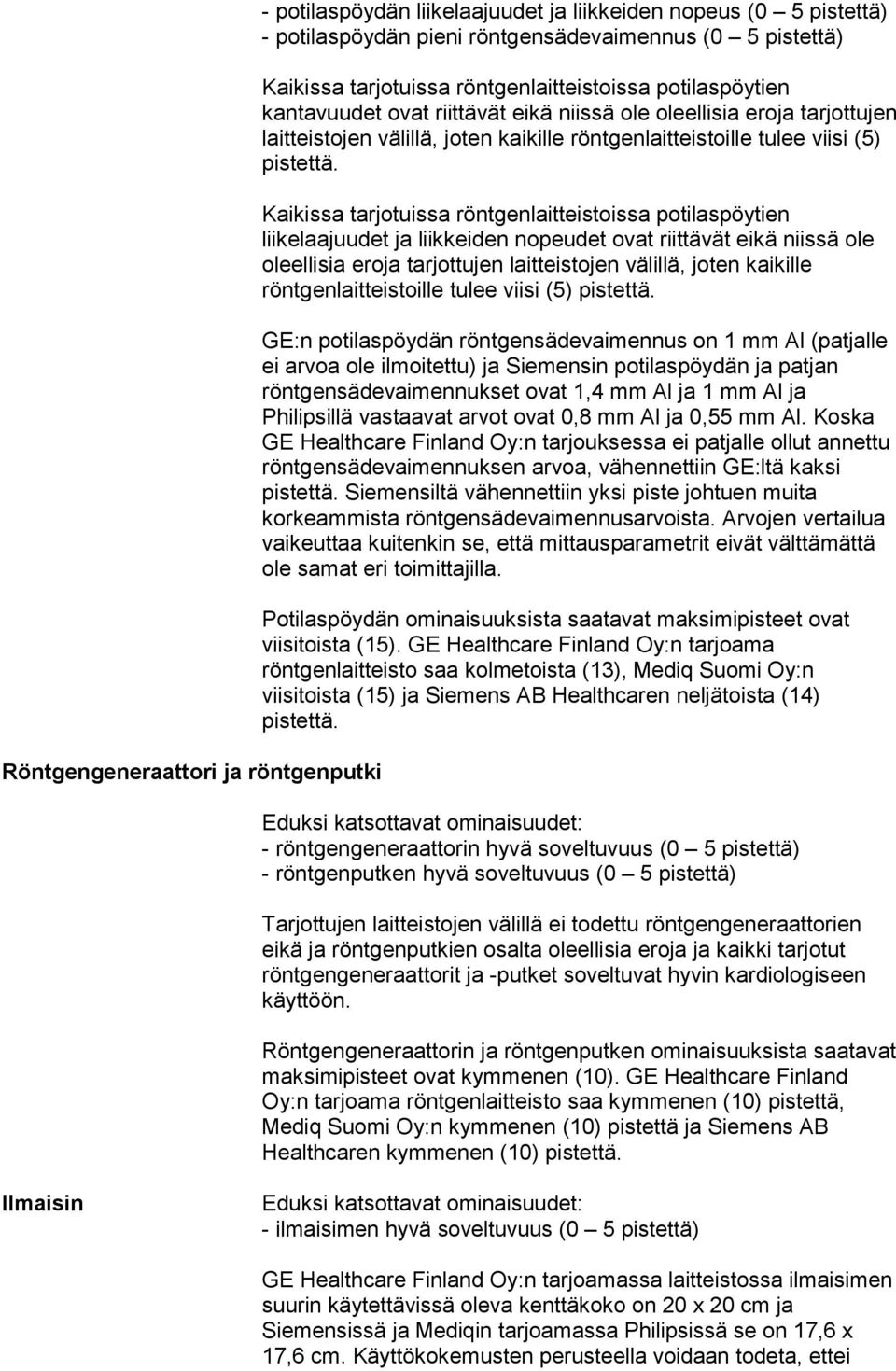 Kaikissa tarjotuissa röntgenlaitteistoissa potilaspöytien liikelaajuudet ja liikkeiden nopeudet ovat riittävät eikä niissä ole oleellisia eroja tarjottujen laitteistojen välillä, joten kaikille