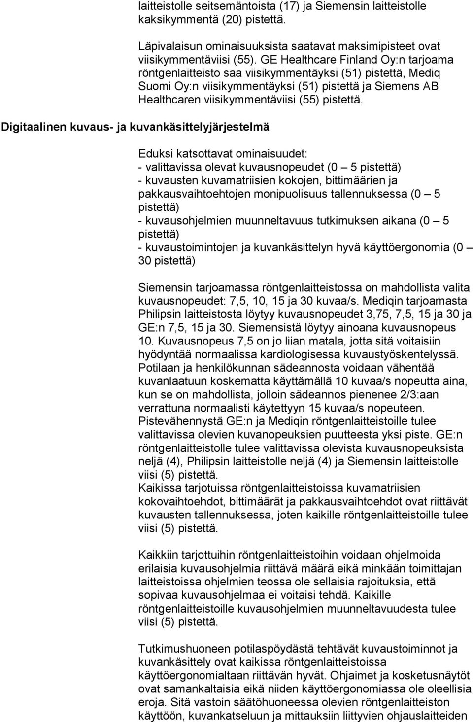 GE Healthcare Finland Oy:n tarjoama röntgenlaitteisto saa viisikymmentäyksi (51) pistettä, Mediq Suomi Oy:n viisikymmentäyksi (51) pistettä ja Siemens AB Healthcaren viisikymmentäviisi (55) pistettä.