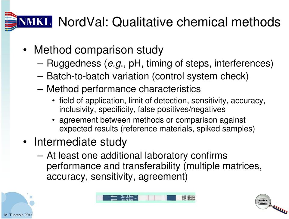 , ph, timing of steps, interferences) Batch-to-batch variation (control system check) Method performance characteristics field of application,