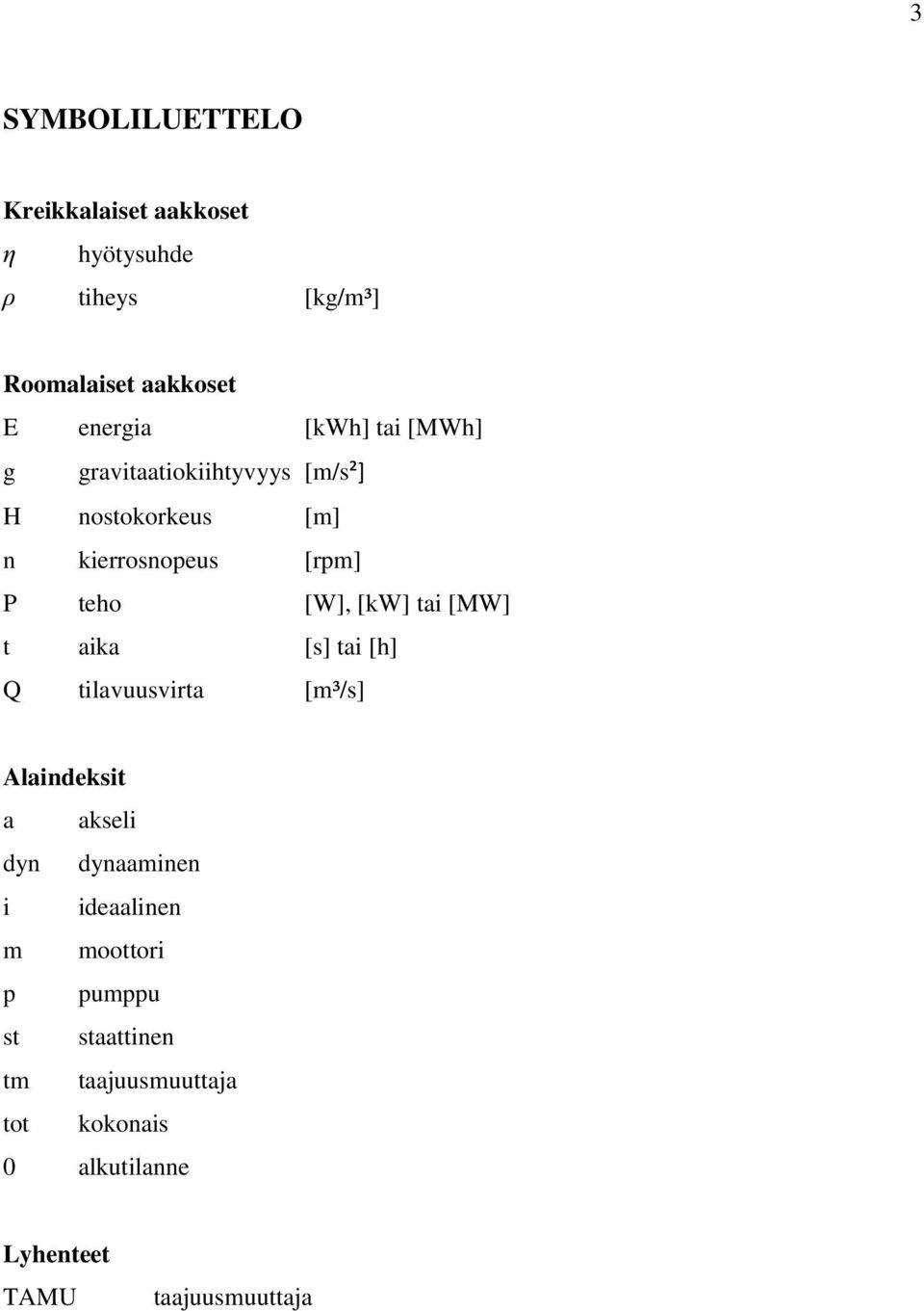 tai [MW] t aika [s] tai [h] Q tilavuusvirta [m³/s] Alaindeksit a akseli dyn dynaaminen i ideaalinen m