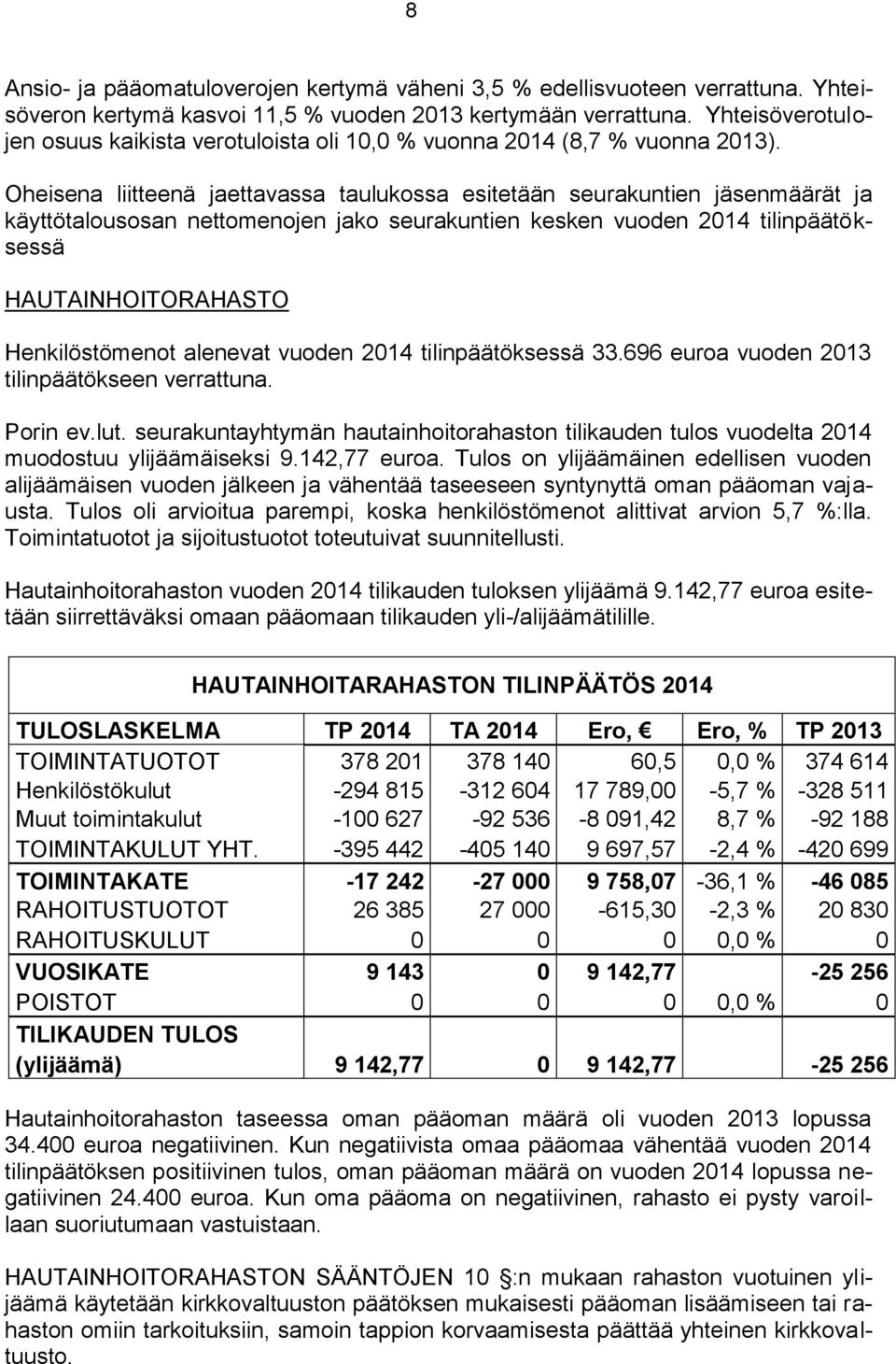 Oheisena liitteenä jaettavassa taulukossa esitetään seurakuntien jäsenmäärät ja käyttötalousosan nettomenojen jako seurakuntien kesken vuoden 2014 tilinpäätöksessä HAUTAINHOITORAHASTO Henkilöstömenot