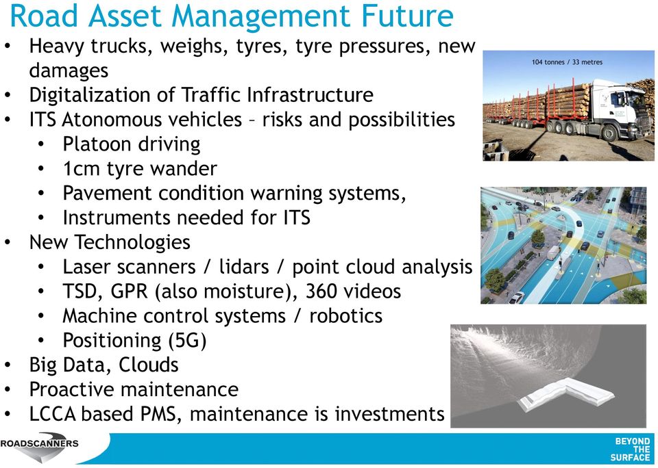 systems, Instruments needed for ITS New Technologies Laser scanners / lidars / point cloud analysis TSD, GPR (also moisture),