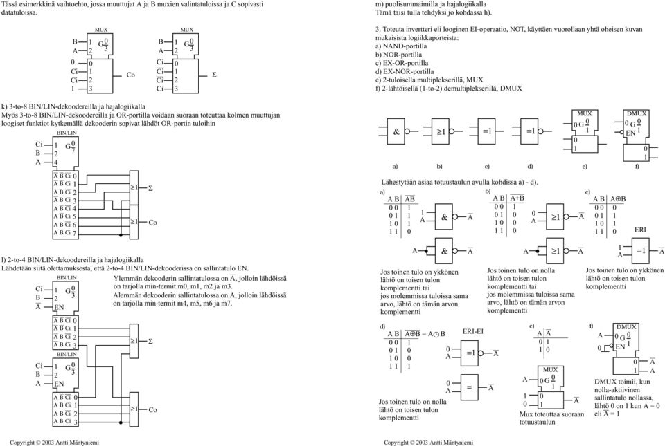 Toteuta invertteri eli looginen EI-operaatio, NOT, käyttäen vuorollaan yhtä oheisen kuvan mukaisista logiikkaporteista: a) NN-portilla b) NOR-portilla c) E-OR-portilla d) E-NOR-portilla e)