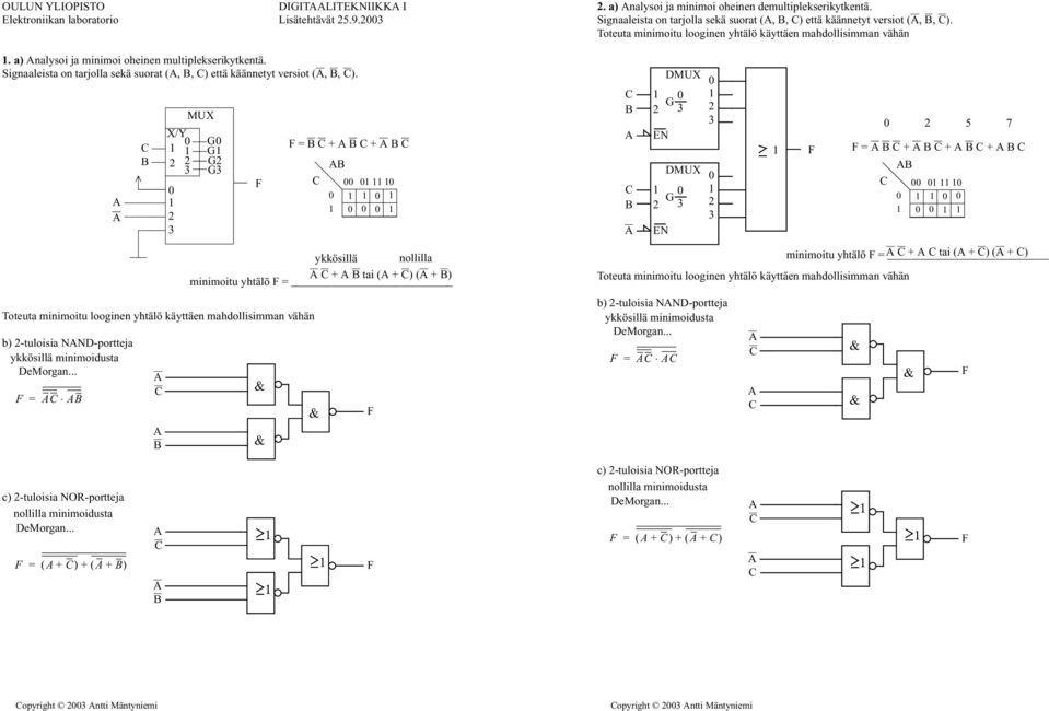 .. = /Y MU G G G G = + + ykkösillä nollilla + tai ( + ) ( + ) minimoitu yhtälö =. a) nalysoi ja minimoi oheinen demultiplekserikytkentä.