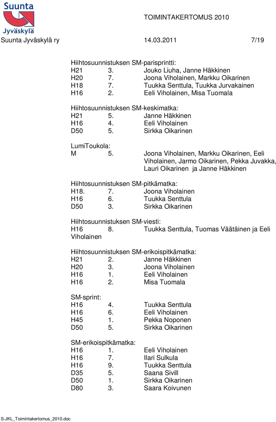 Joona Viholainen, Markku Oikarinen, Eeli Viholainen, Jarmo Oikarinen, Pekka Juvakka, Lauri Oikarinen ja Janne Häkkinen Hiihtosuunnistuksen SM-pitkämatka: H18. 7. Joona Viholainen H16 6.