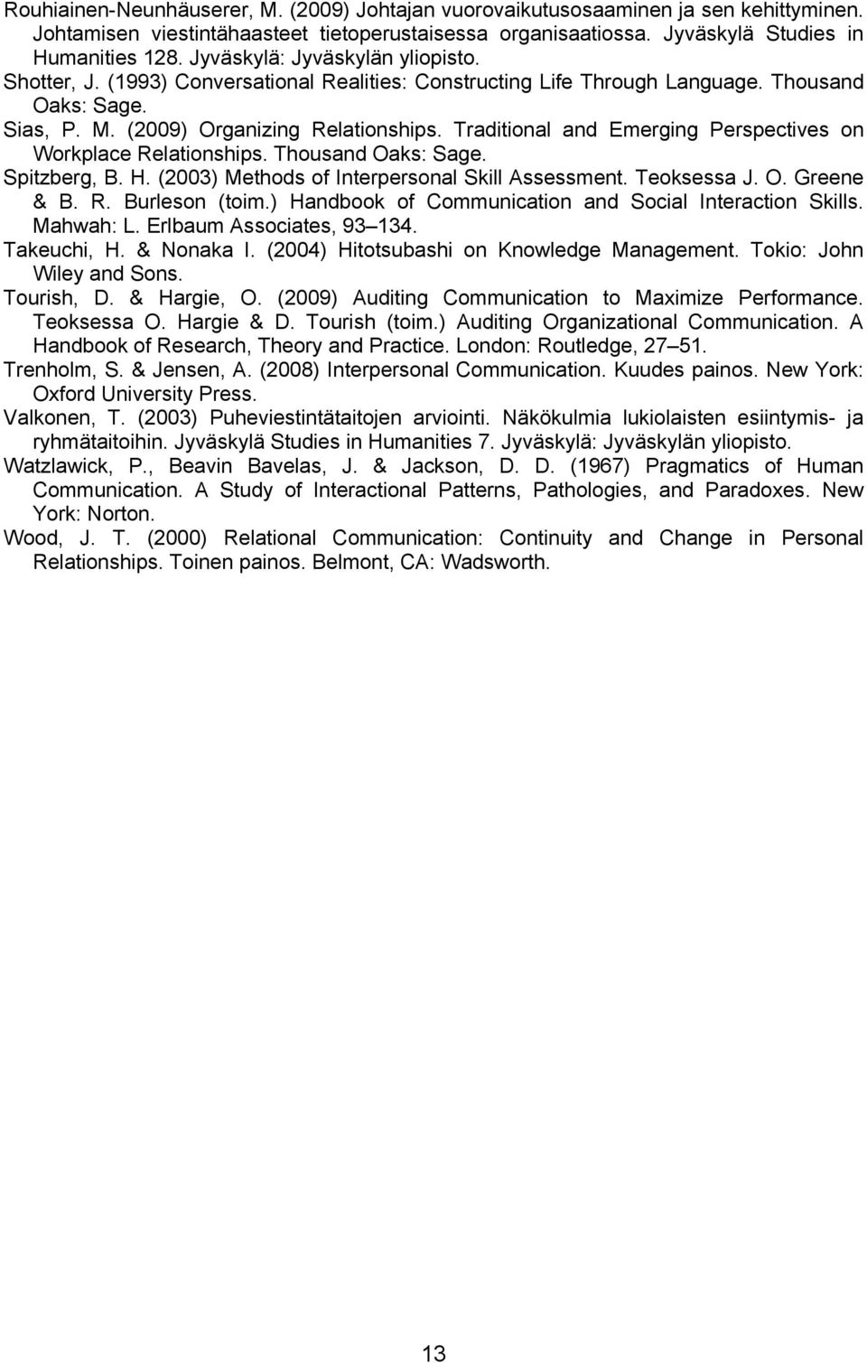 Traditional and Emerging Perspectives on Workplace Relationships. Thousand Oaks: Sage. Spitzberg, B. H. (2003) Methods of Interpersonal Skill Assessment. Teoksessa J. O. Greene & B. R. Burleson (toim.