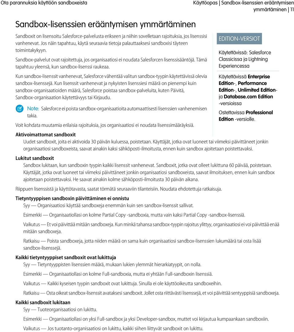 Sandbox-palvelut ovat rajoitettuja, jos organisaatiosi ei noudata Salesforcen lisenssisääntöjä. Tämä tapahtuu yleensä, kun sandbox-lisenssi raukeaa.