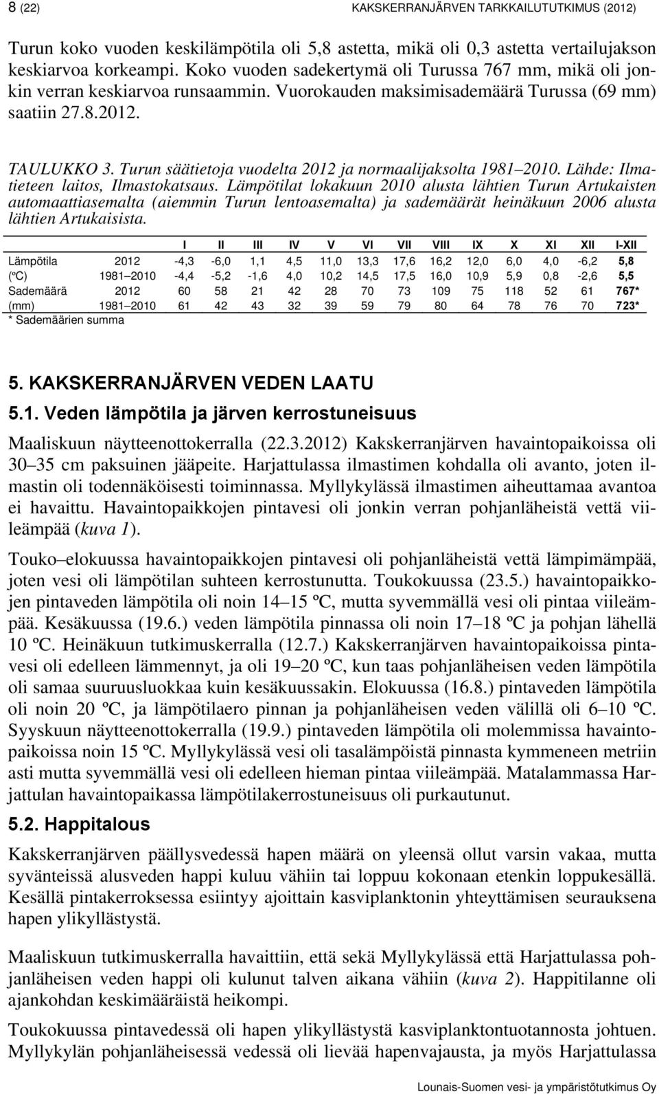 Turun säätietoja vuodelta 2012 ja normaalijaksolta 1981 2010. Lähde: Ilmatieteen laitos, Ilmastokatsaus.