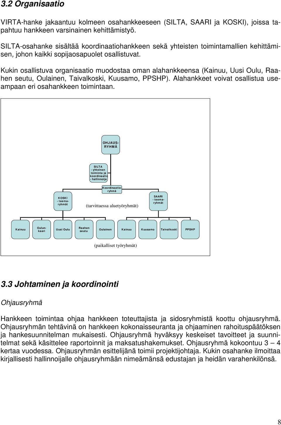 Kukin osallistuva organisaatio muodostaa oman alahankkeensa (Kainuu, Uusi Oulu, Raahen seutu, Oulainen, Taivalkoski, Kuusamo, PPSHP).