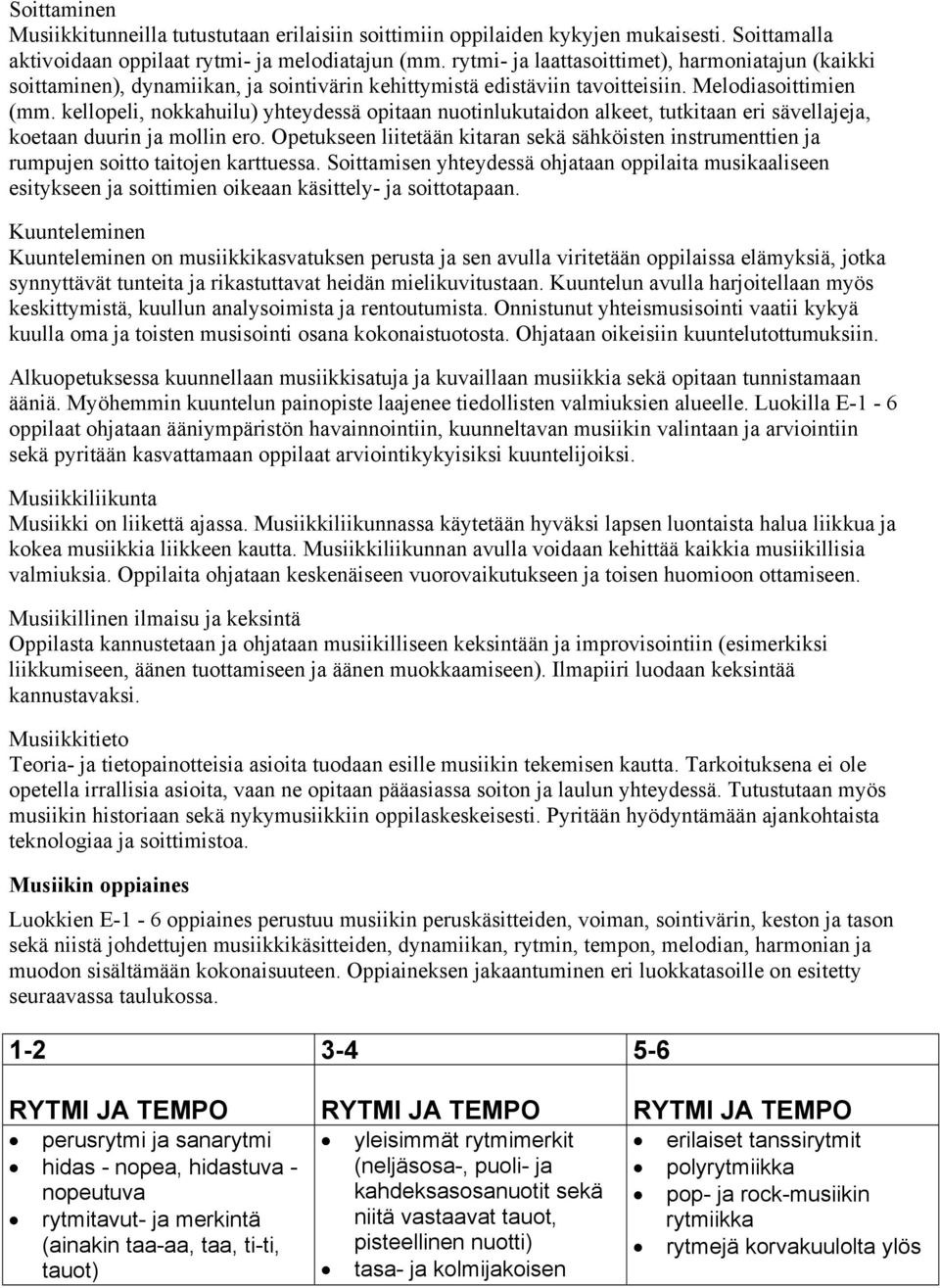 kellopeli, nokkahuilu) yhteydessä opitaan nuotinlukutaidon alkeet, tutkitaan eri sävellajeja, koetaan duurin ja mollin ero.