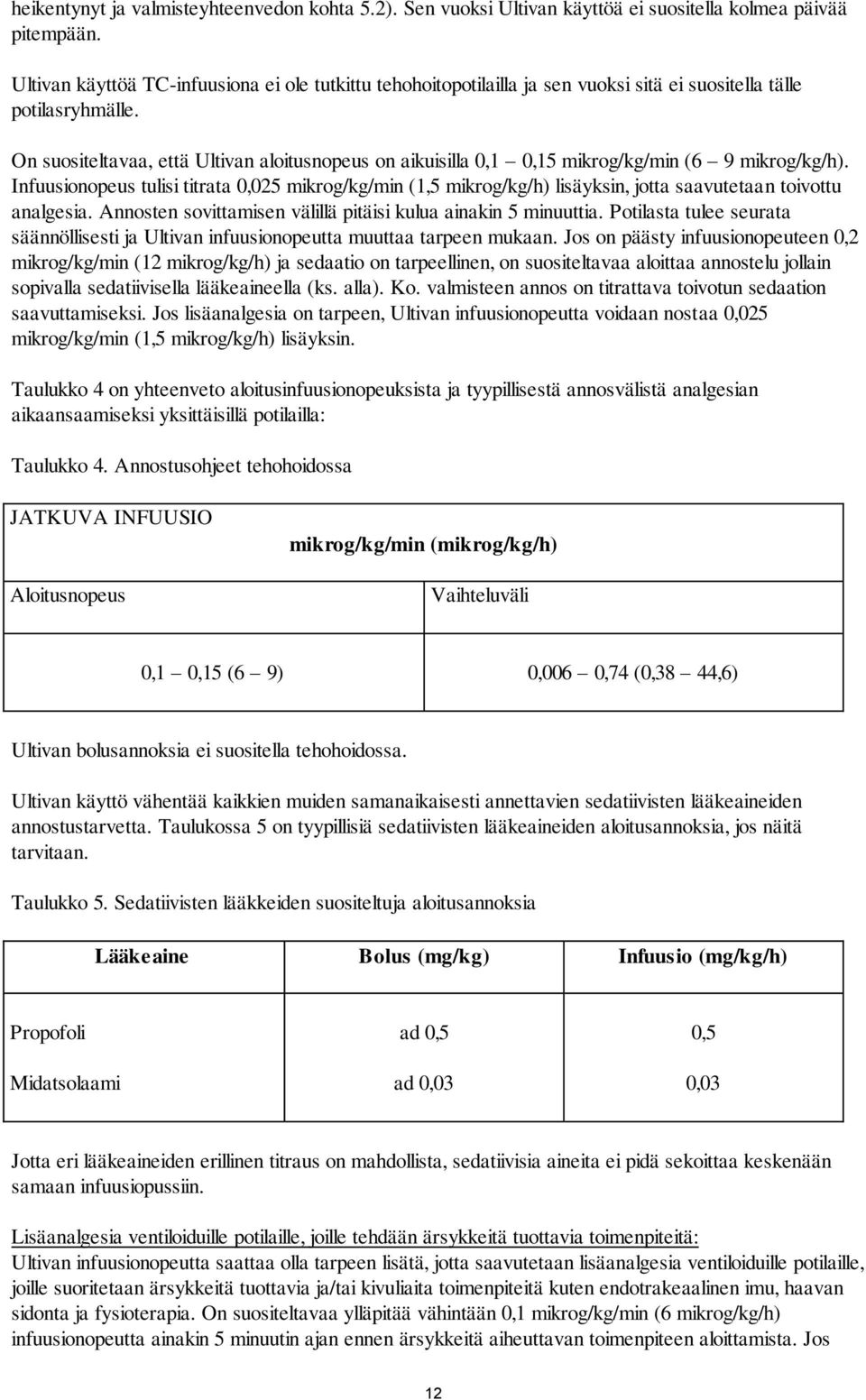 On suositeltavaa, että Ultivan aloitusnopeus on aikuisilla 0,1 0,15 mikrog/kg/min (6 9 mikrog/kg/h).