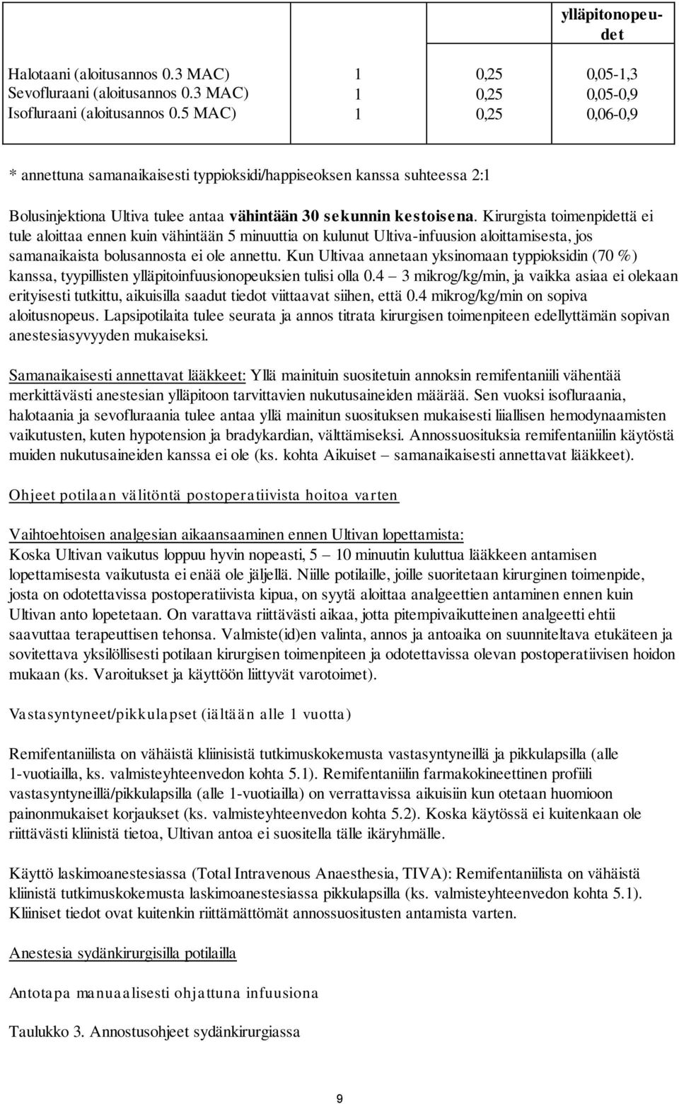 Kirurgista toimenpidettä ei tule aloittaa ennen kuin vähintään 5 minuuttia on kulunut Ultiva-infuusion aloittamisesta, jos samanaikaista bolusannosta ei ole annettu.