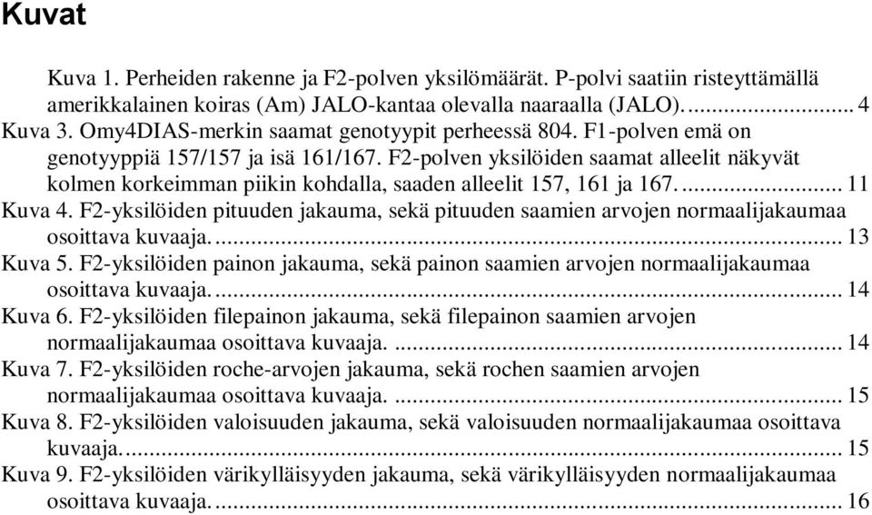 F2-polven yksilöiden saamat alleelit näkyvät kolmen korkeimman piikin kohdalla, saaden alleelit 157, 161 ja 167.... 11 Kuva 4.