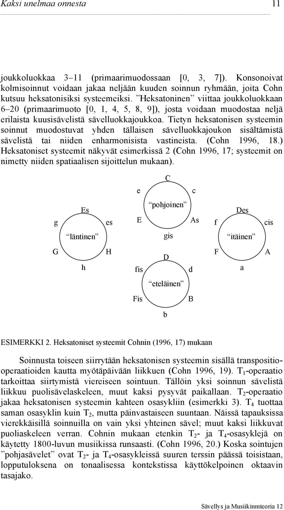 Tietyn heksatonisen systeemin soinnut muodostuvat yhden tällaisen sävelluokkajoukon sisältämistä sävelistä tai niiden enharmonisista vastineista. (Cohn 1996, 18.