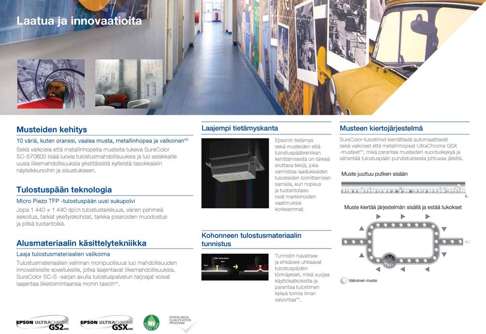 Tulostuspään teknologia Micro Piezo TFP -tulostuspään uusi sukupolvi 1 440 1 440 dpi:n tulostustarkkuus, värien pehmeä sekoitus, tarkat yksityiskohdat, tarkka pisaroiden muodostus ja pitkä