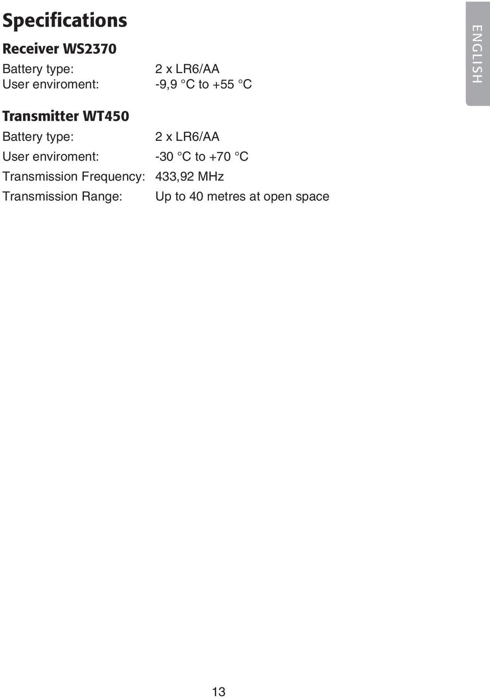 type: x LR6/AA User enviroment: -0 C to +70 C Transmission