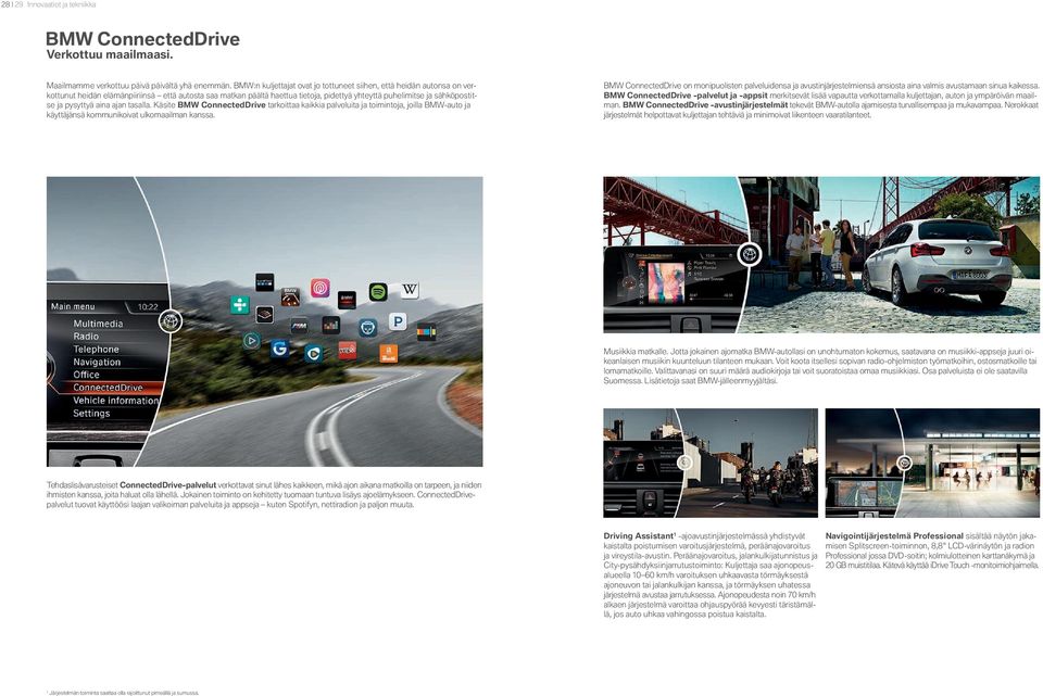 pysyttyä aina ajan tasalla. Käsite BMW ConnectedDrive tarkoittaa kaikkia palveluita ja toimintoja, joilla BMW-auto ja käyttäjänsä kommunikoivat ulkomaailman kanssa. #.