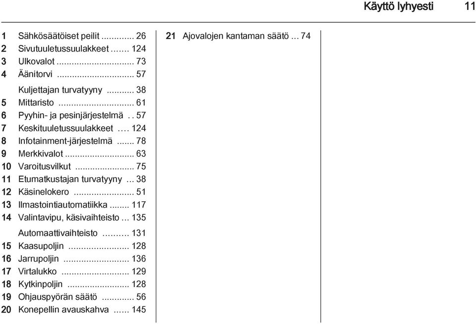 .. 75 11 Etumatkustajan turvatyyny... 38 12 Käsinelokero... 51 13 Ilmastointiautomatiikka... 117 14 Valintavipu, käsivaihteisto... 135 Automaattivaihteisto.