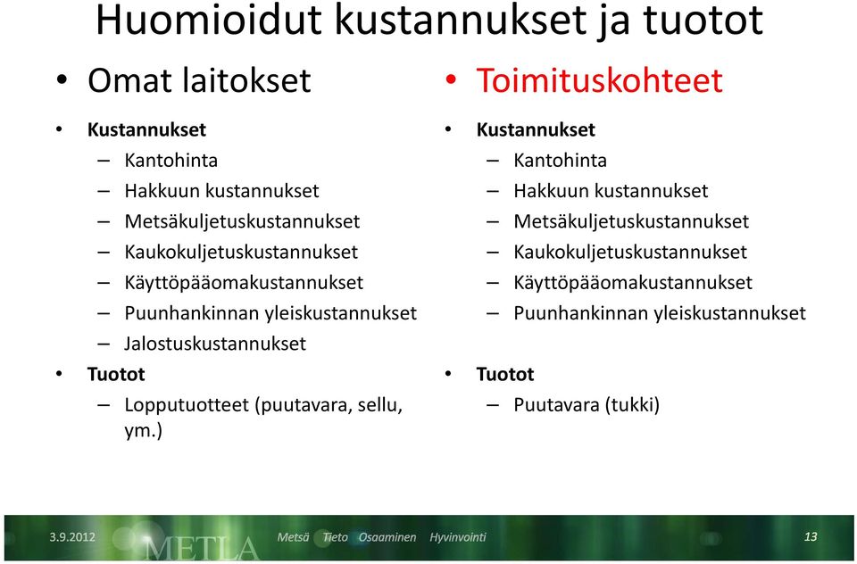 Jalostuskustannukset k Tuotot Lopputuotteet (puutavara, sellu, ym.