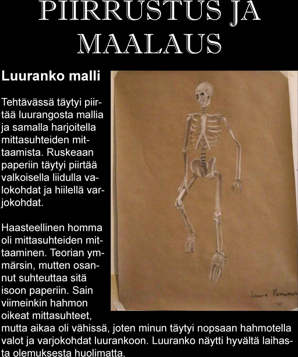 MAALAUS Haasteellinen homma oli mittasuhteiden mittaaminen. Teorian ymmärsin, mutten osannut suhteuttaa sitä isoon paperiin.