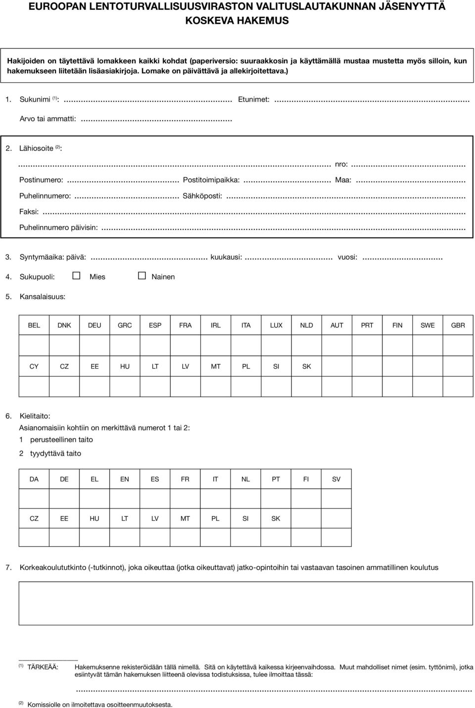 .. Postitoimipaikka:... Maa:... Puhelinnumero:... Sähköposti:... Faksi:... Puhelinnumero päivisin:... 3. Syntymäaika: päivä:... kuukausi:... vuosi:... 4. Sukupuoli: Mies Nainen 5.