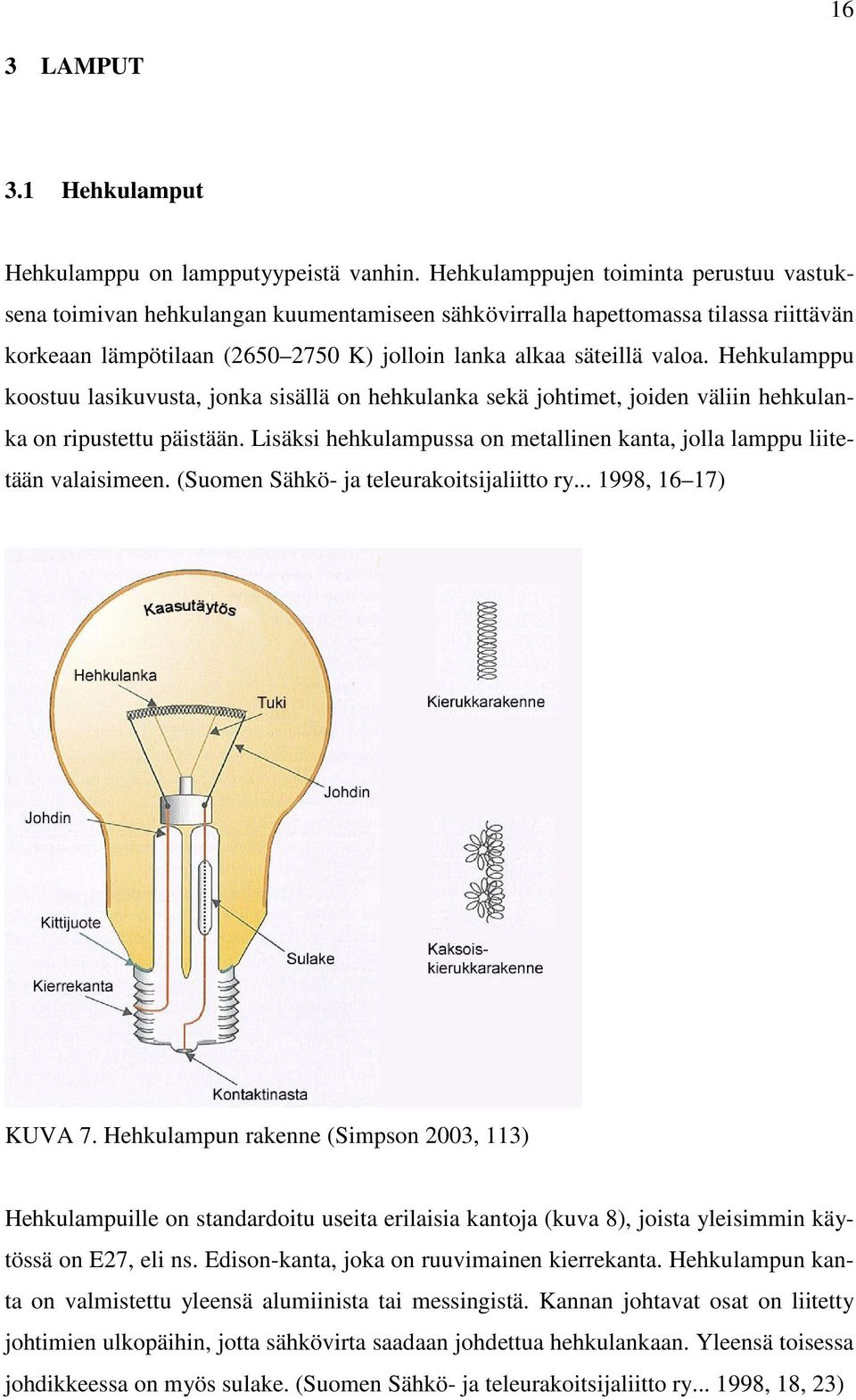 Hehkulamppu koostuu lasikuvusta, jonka sisällä on hehkulanka sekä johtimet, joiden väliin hehkulanka on ripustettu päistään.