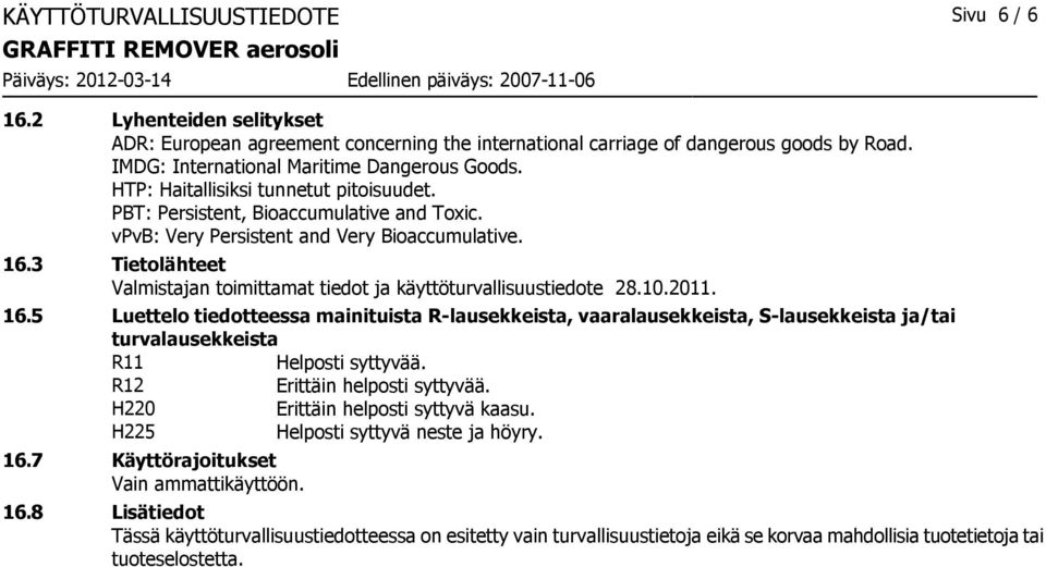 3 Tietolähteet Valmistajan toimittamat tiedot ja käyttöturvallisuustiedote 28.10.2011. 16.