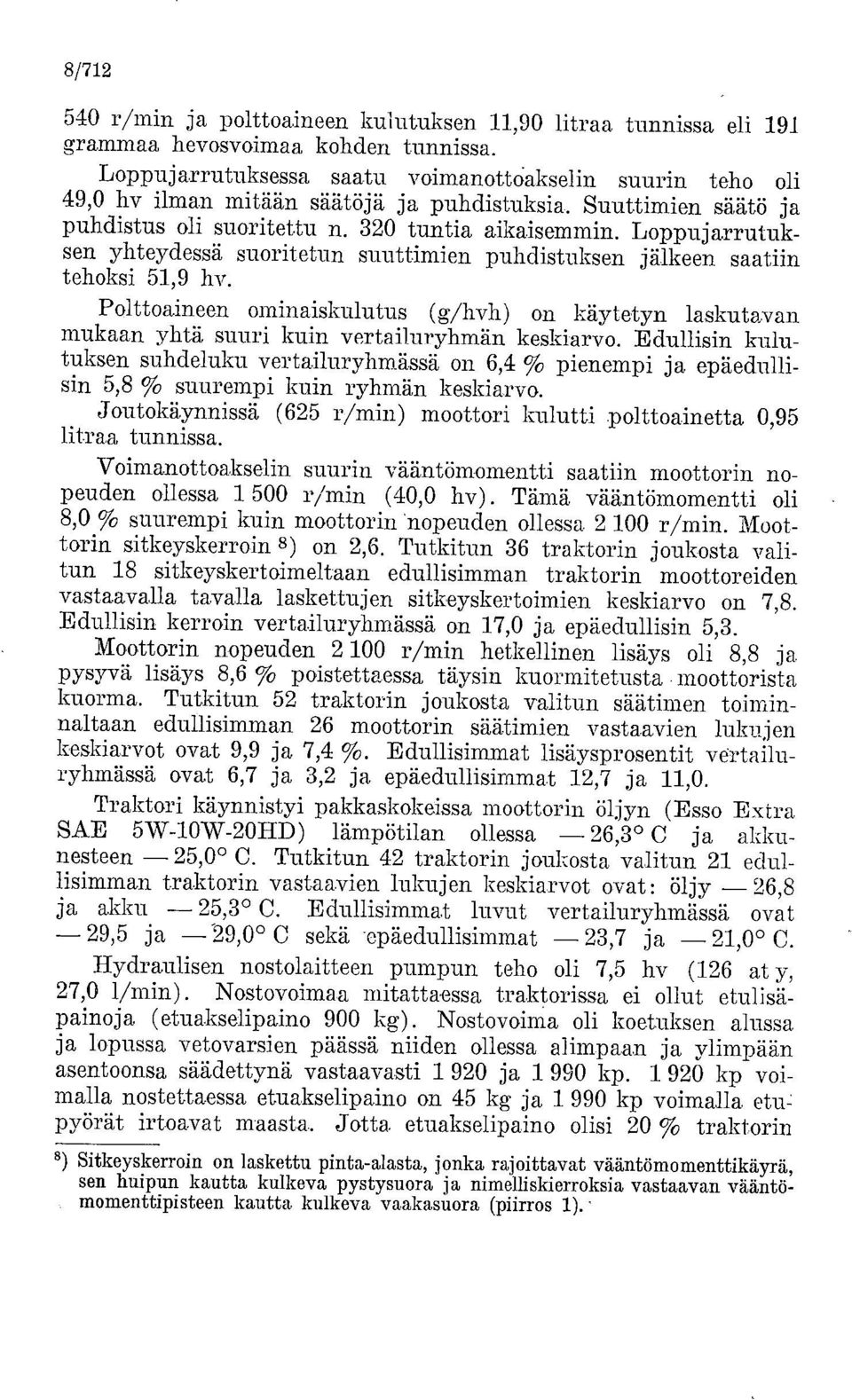 rrutuksen yhteydessä suoritetun suuttimien puhdistuksen jälkeen saatiin tehoksi 51,9 hv. Polttoaineen ominaiskulutus (g/hvh) on käytetyn laskutavan mukaan yhtä suuri kuin vertailuryhmän keskiarvo.