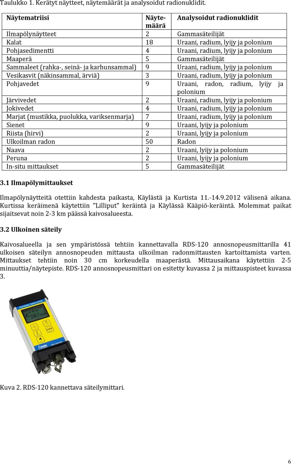 Gammasäteilijät Sammaleet (rahka-, seinä- ja karhunsammal) 9 Uraani, radium, lyijy ja polonium Vesikasvit (näkinsammal, ärviä) 3 Uraani, radium, lyijy ja polonium Pohjavedet 9 Uraani, radon, radium,