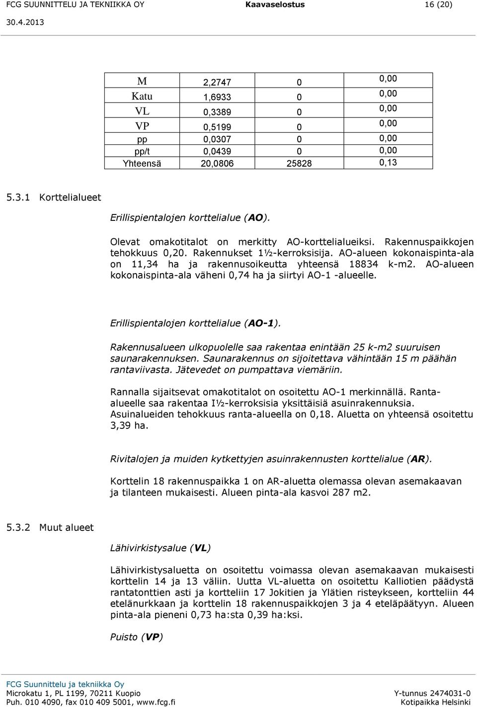 AO-alueen kokonaispinta-ala väheni 0,74 ha ja siirtyi AO-1 -alueelle. Erillispientalojen korttelialue (AO-1). Rakennusalueen ulkopuolelle saa rakentaa enintään 25 k-m2 suuruisen saunarakennuksen.