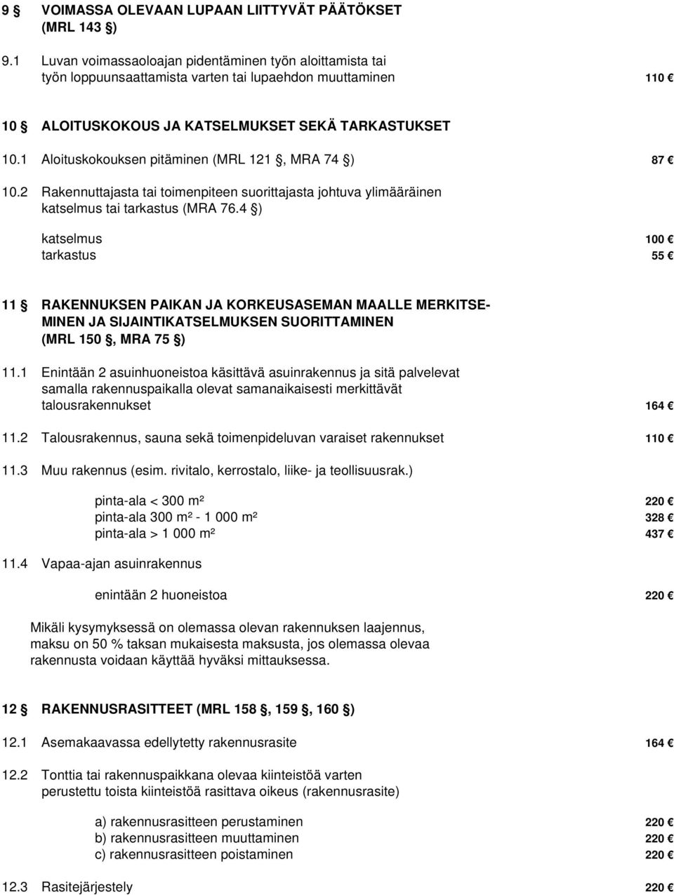 1 Aloituskokouksen pitäminen (MRL 121, MRA 74 ) 87 10.2 Rakennuttajasta tai toimenpiteen suorittajasta johtuva ylimääräinen katselmus tai tarkastus (MRA 76.