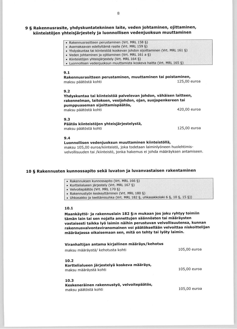 MRL 161 a ) Kiinteistöjen yhteisjärjestely (Vrt. MRL 164 ) Luonnollisen vedenjuoksun muuttami sta koskeva haitt a (Vrt. MRL 165 ) 9.