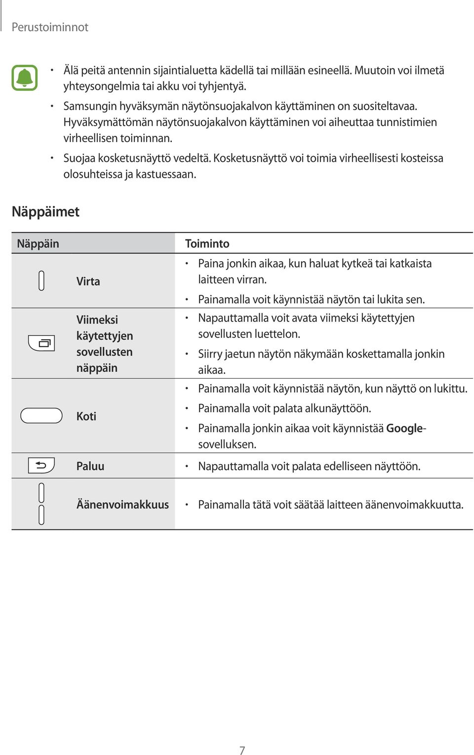 Kosketusnäyttö voi toimia virheellisesti kosteissa olosuhteissa ja kastuessaan.