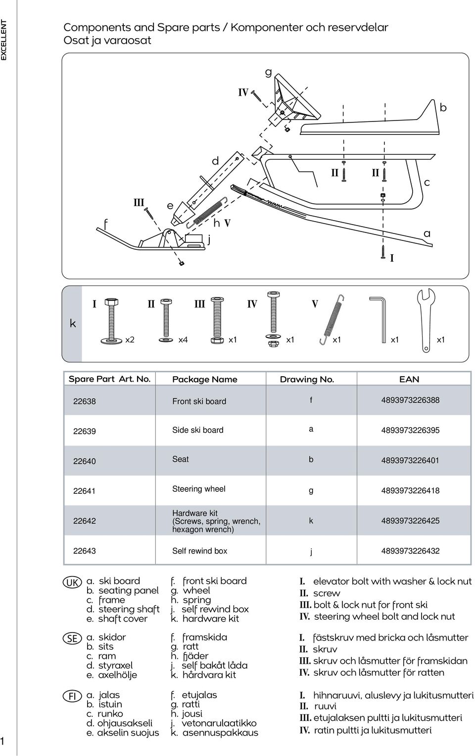 Self rewind box j 89972262 a. ski board b. seating panel c. frame d. steering shaft e. shaft cover f. front ski board g. wheel h. spring j. self rewind box k. hardware kit I.