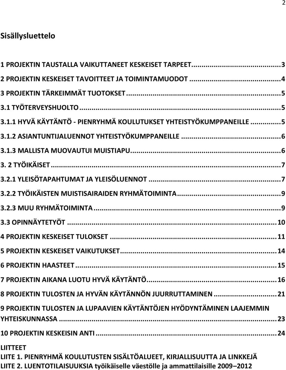 .. 9 3.2.3 MUU RYHMÄTOIMINTA... 9 3.3 OPINNÄYTETYÖT... 10 4 PROJEKTIN KESKEISET TULOKSET... 11 5 PROJEKTIN KESKEISET VAIKUTUKSET... 14 6 PROJEKTIN HAASTEET... 15 7 PROJEKTIN AIKANA LUOTU HYVÄ KÄYTÄNTÖ.