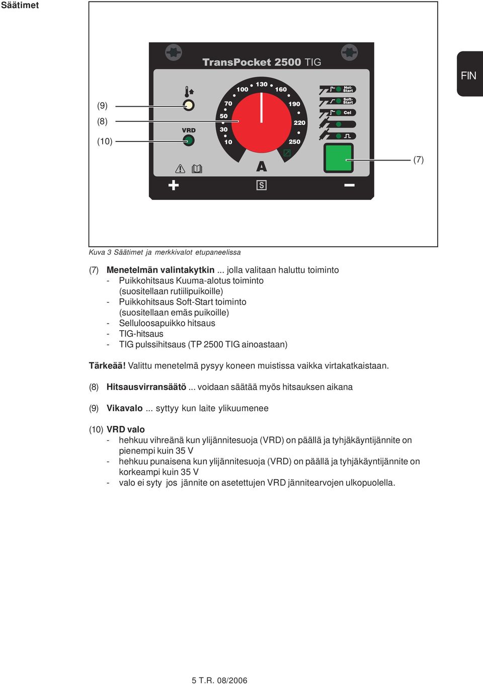 TIG-hitsaus - TIG pulssihitsaus (TP 2500 TIG ainoastaan) Tärkeää! Valittu menetelmä pysyy koneen muistissa vaikka virtakatkaistaan. (8) Hitsausvirransäätö.