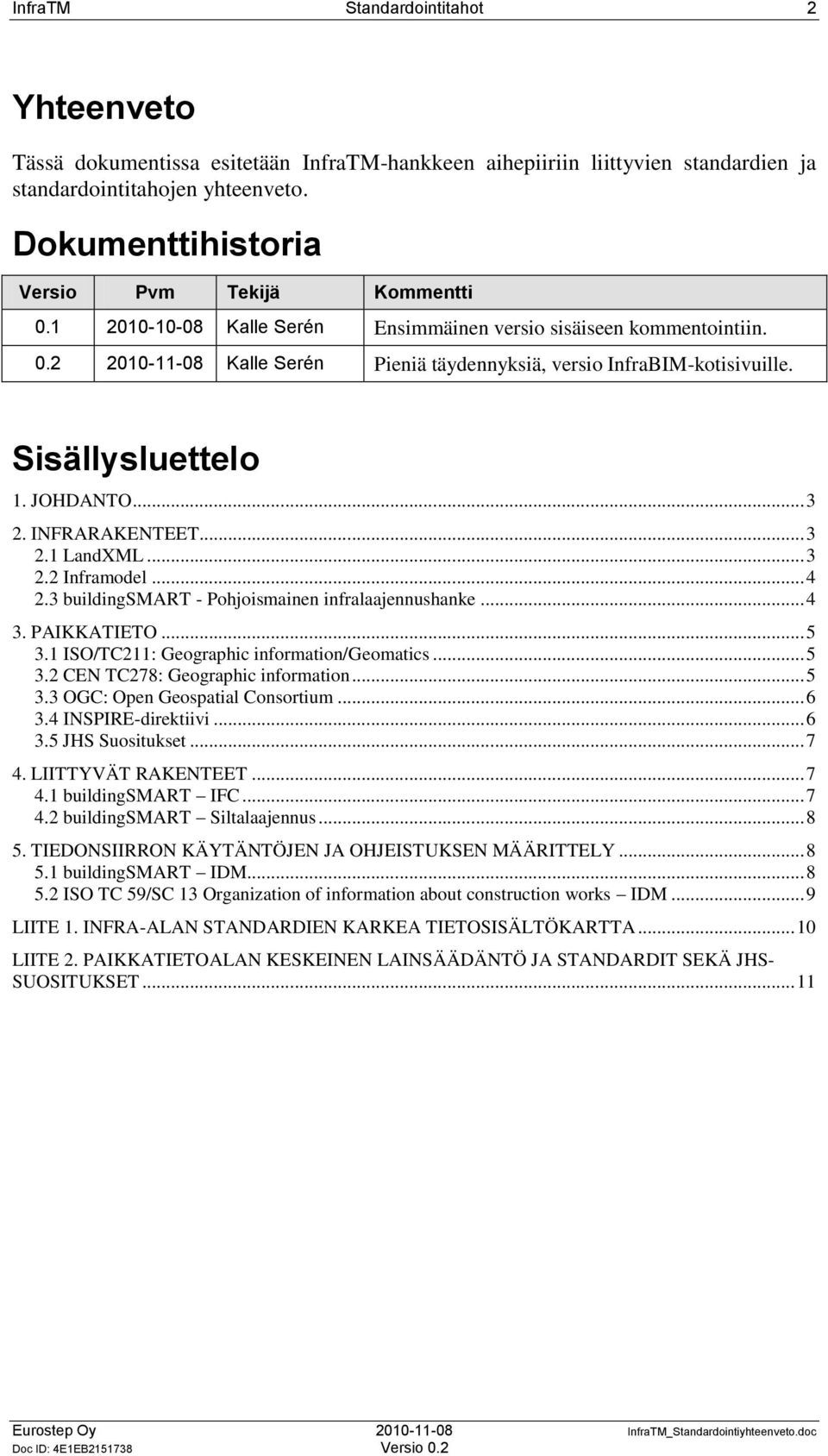 .. 3 2.1 LandXML... 3 2.2 Inframodel... 4 2.3 buildingsmart - Pohjoismainen infralaajennushanke... 4 3. PAIKKATIETO... 5 3.1 ISO/TC211: Geographic information/geomatics... 5 3.2 CEN TC278: Geographic information.