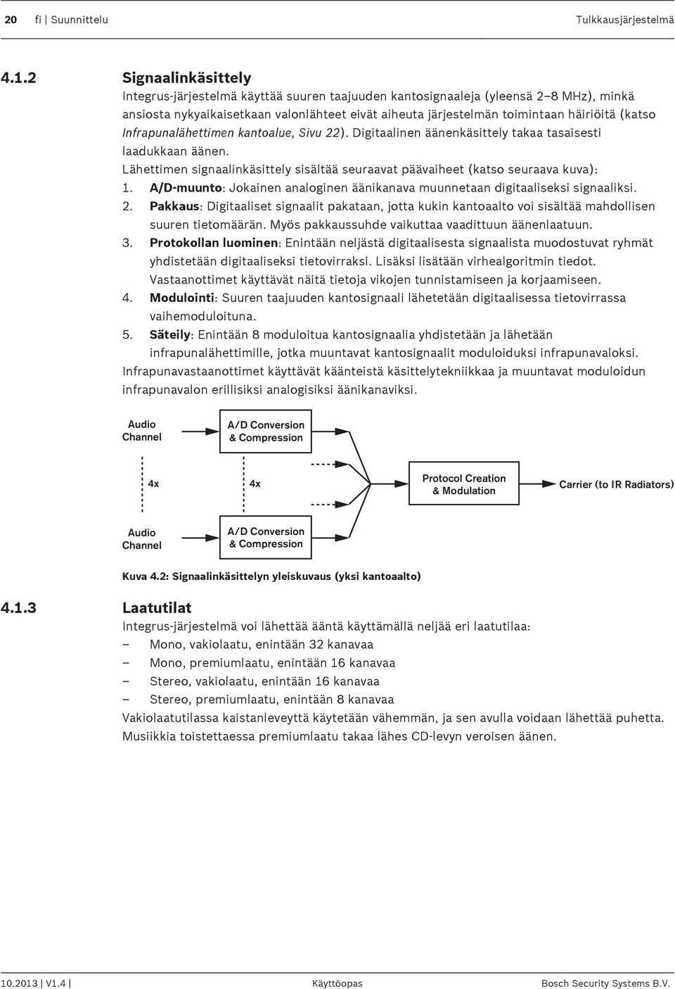 (katso Infrapunalähettimen kantoalue, Sivu 22). Digitaalinen äänenkäsittely takaa tasaisesti laadukkaan äänen. Lähettimen signaalinkäsittely sisältää seuraavat päävaiheet (katso seuraava kuva): 1.