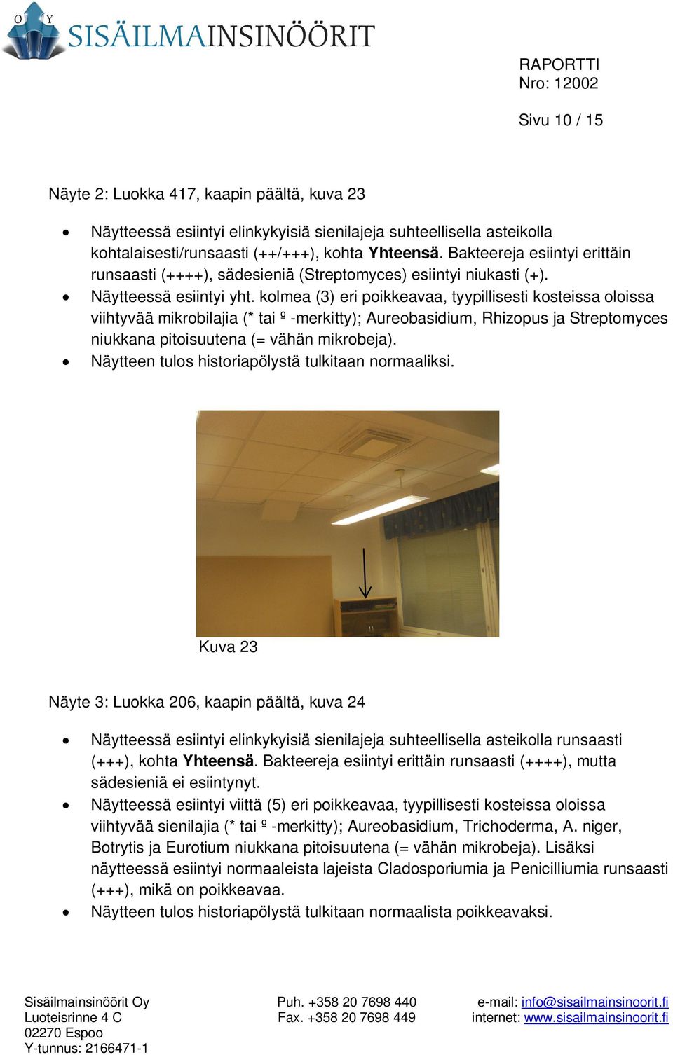 kolmea (3) eri poikkeavaa, tyypillisesti kosteissa oloissa viihtyvää mikrobilajia (* tai º -merkitty); Aureobasidium, Rhizopus ja Streptomyces niukkana pitoisuutena (= vähän mikrobeja).