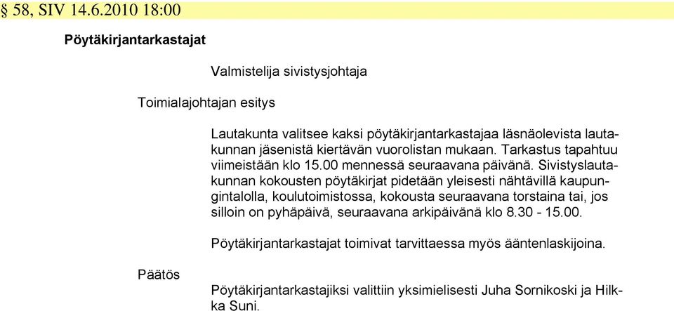 kiertävän vuorolistan mukaan. Tarkastus tapahtuu viimeistään klo 15.00 mennessä seuraavana päivänä.