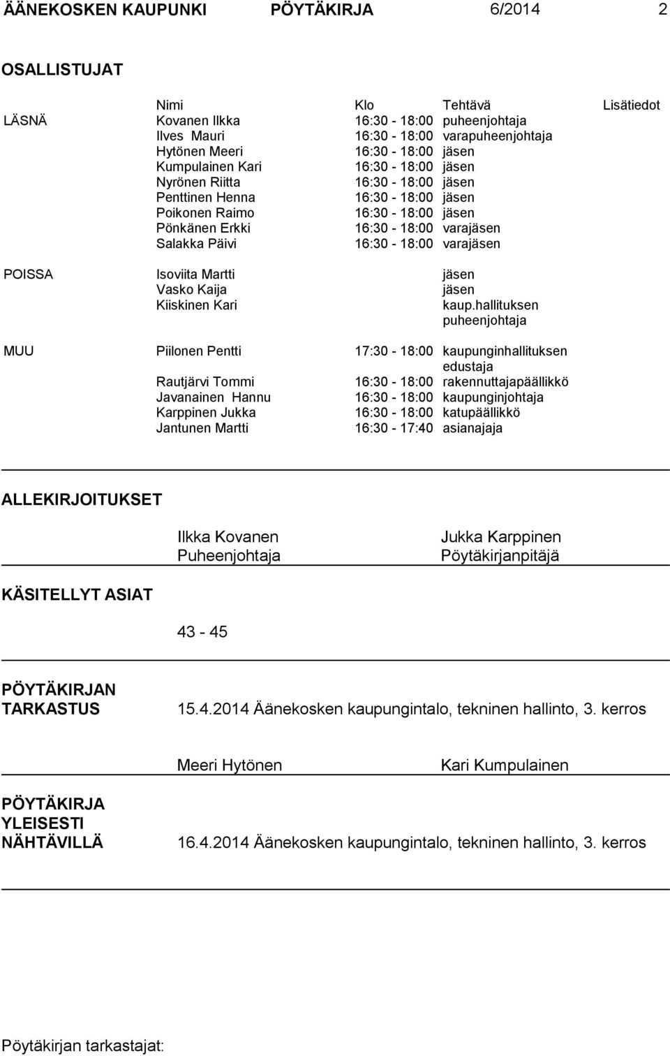 16:30-18:00 varajäsen POISSA Isoviita Martti jäsen Vasko Kaija jäsen Kiiskinen Kari kaup.