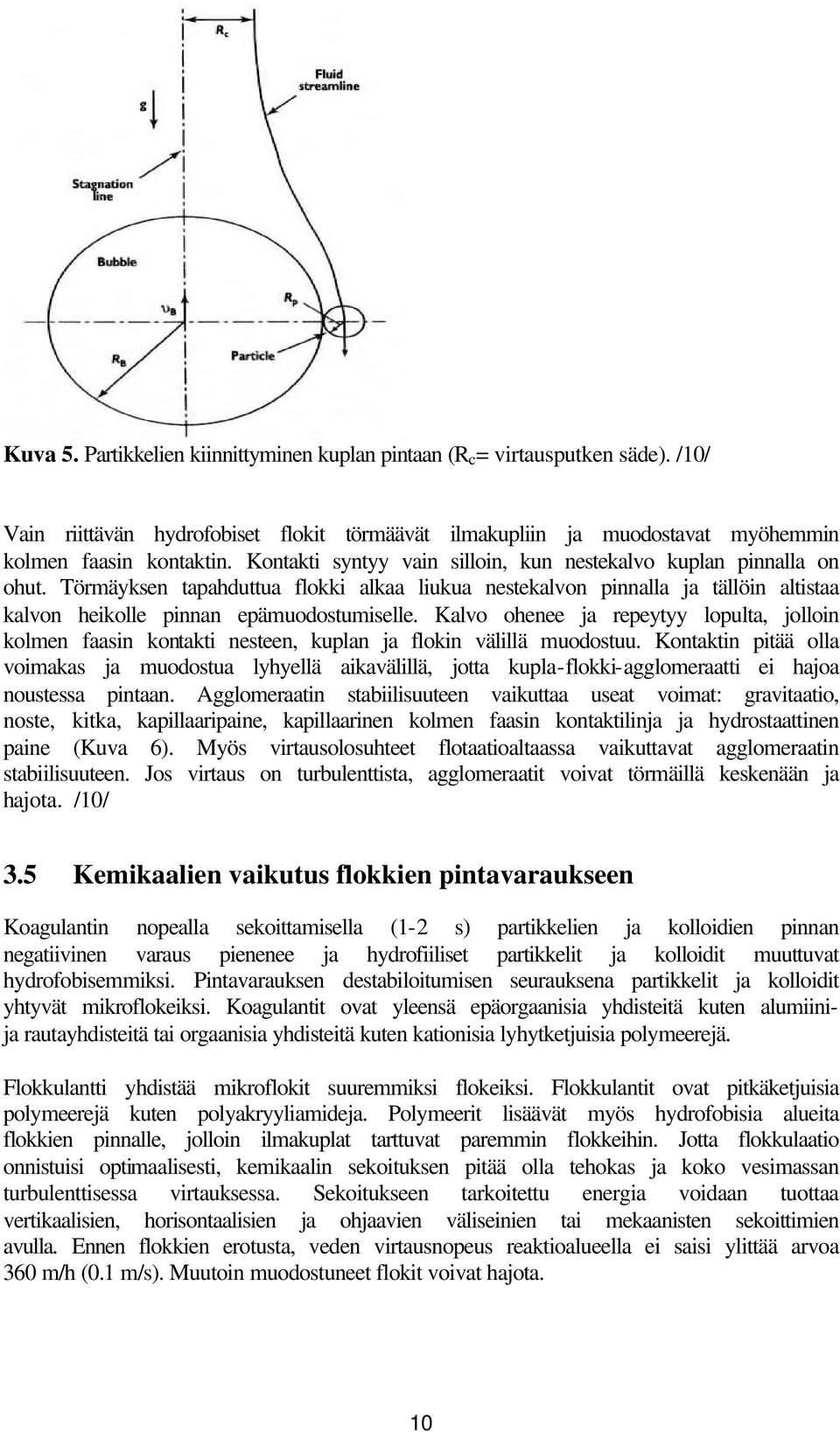 Kalvo ohenee ja repeytyy lopulta, jolloin kolmen faasin kontakti nesteen, kuplan ja flokin välillä muodostuu.