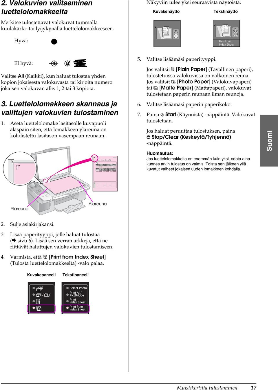 kopiota. 3. Luettelolomakkeen skannaus ja valittujen valokuvien tulostaminen 1.