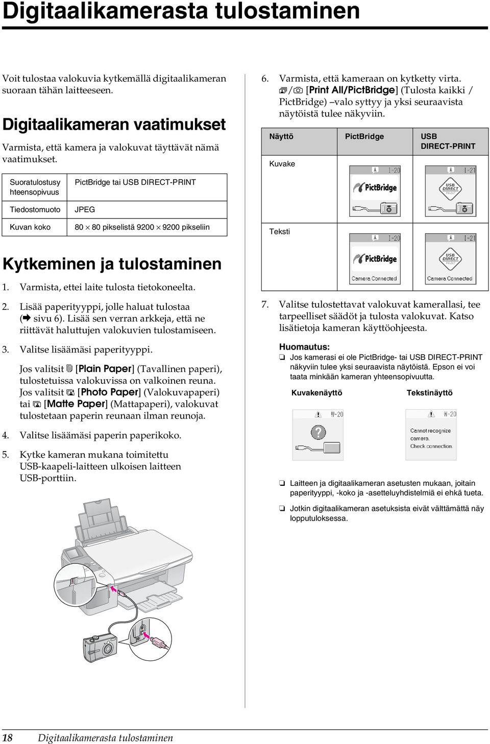 f/e [Print All/PictBridge] (Tulosta kaikki / PictBridge) valo syttyy ja yksi seuraavista näytöistä tulee näkyviin.