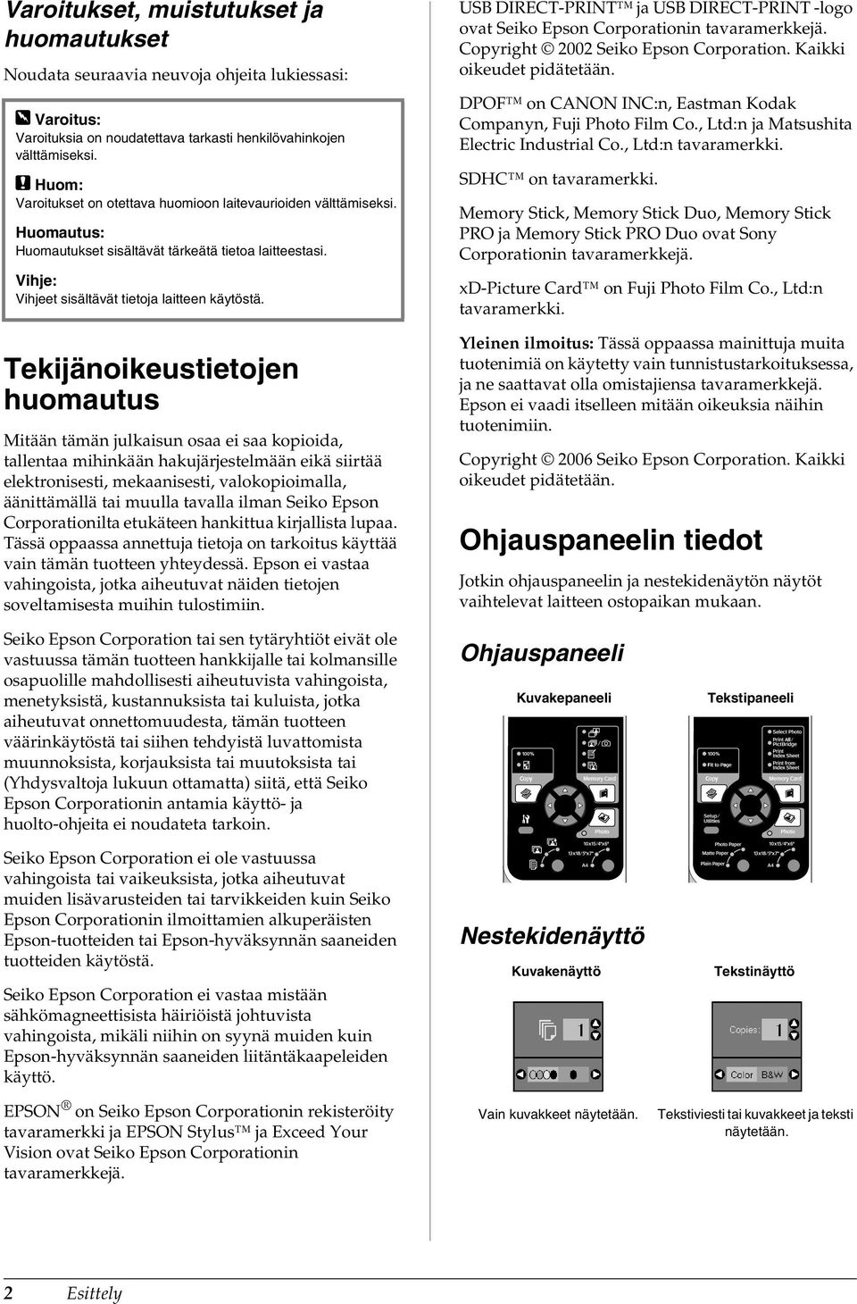 Tekijänoikeustietojen huomautus Mitään tämän julkaisun osaa ei saa kopioida, tallentaa mihinkään hakujärjestelmään eikä siirtää elektronisesti, mekaanisesti, valokopioimalla, äänittämällä tai muulla