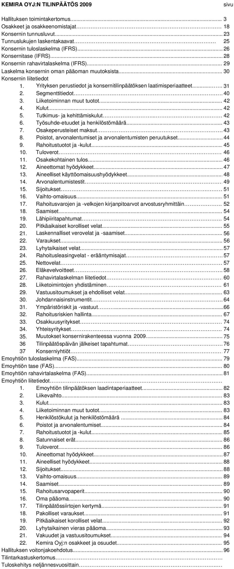 Yrityksen perustiedot ja konsernitilinpäätöksen laatimisperiaatteet.... 31 2. Segmenttitiedot 40 3. Liiketoiminnan muut tuotot... 42 4. Kulut... 42 5. Tutkimus- ja kehittämiskulut... 42 6.