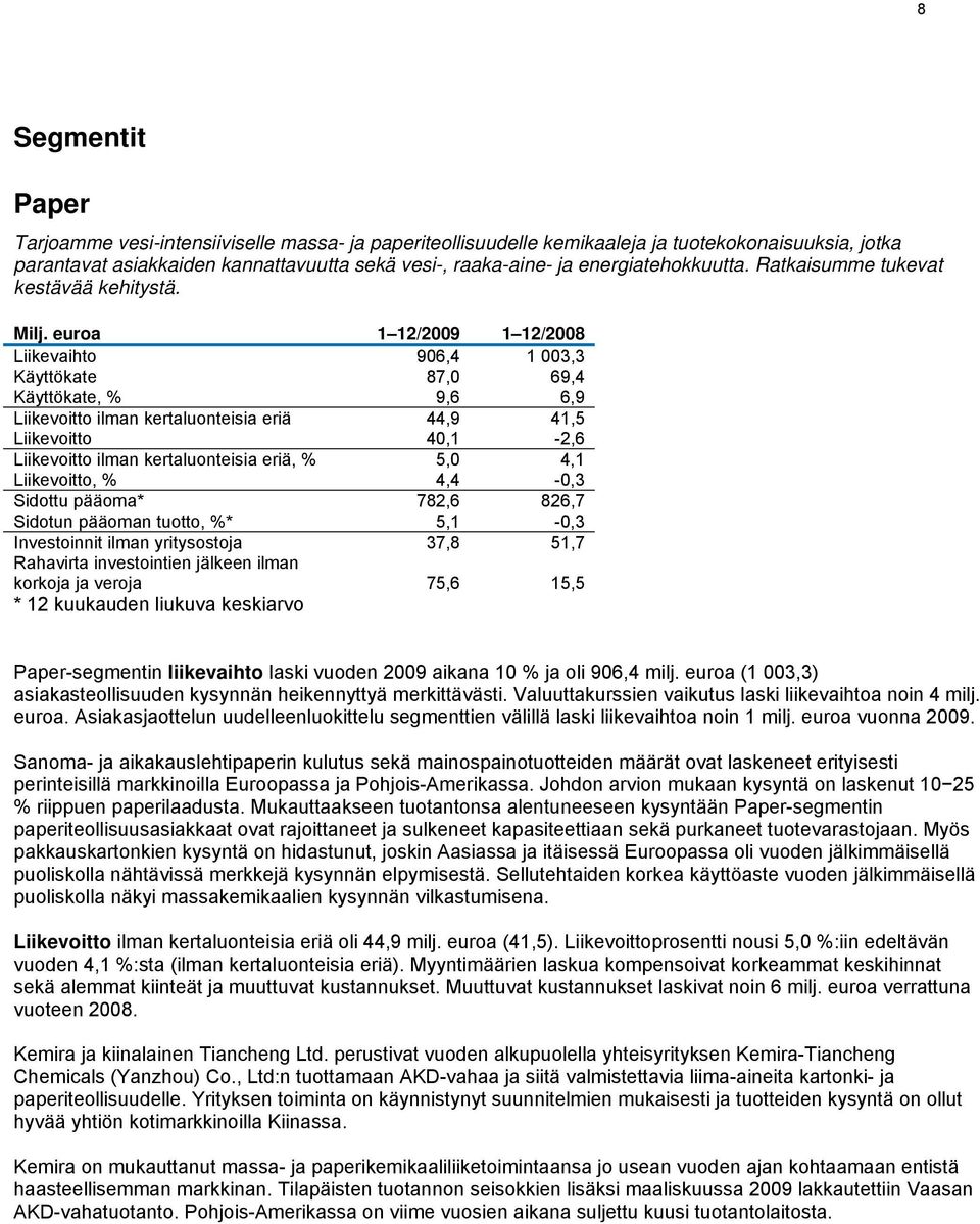 euroa 1 12/2009 1 12/2008 Liikevaihto 906,4 1 003,3 Käyttökate 87,0 69,4 Käyttökate, % 9,6 6,9 Liikevoitto ilman kertaluonteisia eriä 44,9 41,5 Liikevoitto 40,1-2,6 Liikevoitto ilman kertaluonteisia