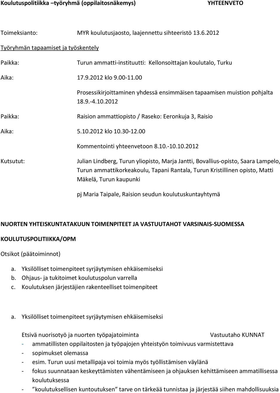 00 Prosessikirjoittaminen yhdessä ensimmäisen tapaamisen muistion pohjalta 18.9.-4.10.2012 Paikka: Raision ammattiopisto / Raseko: Eeronkuja 3, Raisio Aika: 5.10.2012 klo 10.30-12.