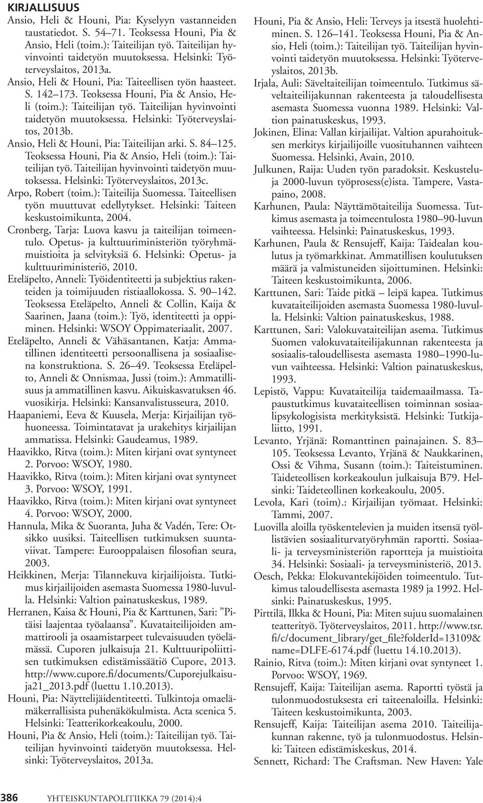 Taiteilijan hyvinvointi taidetyön muutoksessa. Helsinki: Työterveyslaitos, 2013b. Ansio, Heli & Houni, Pia: Taiteilijan arki. S. 84 125. Teoksessa Houni, Pia & Ansio, Heli (toim.): Taiteilijan työ.